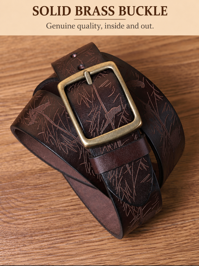 Men’s Engraved Leather Belt with Top-Grain Cowhide and Brass Buckle