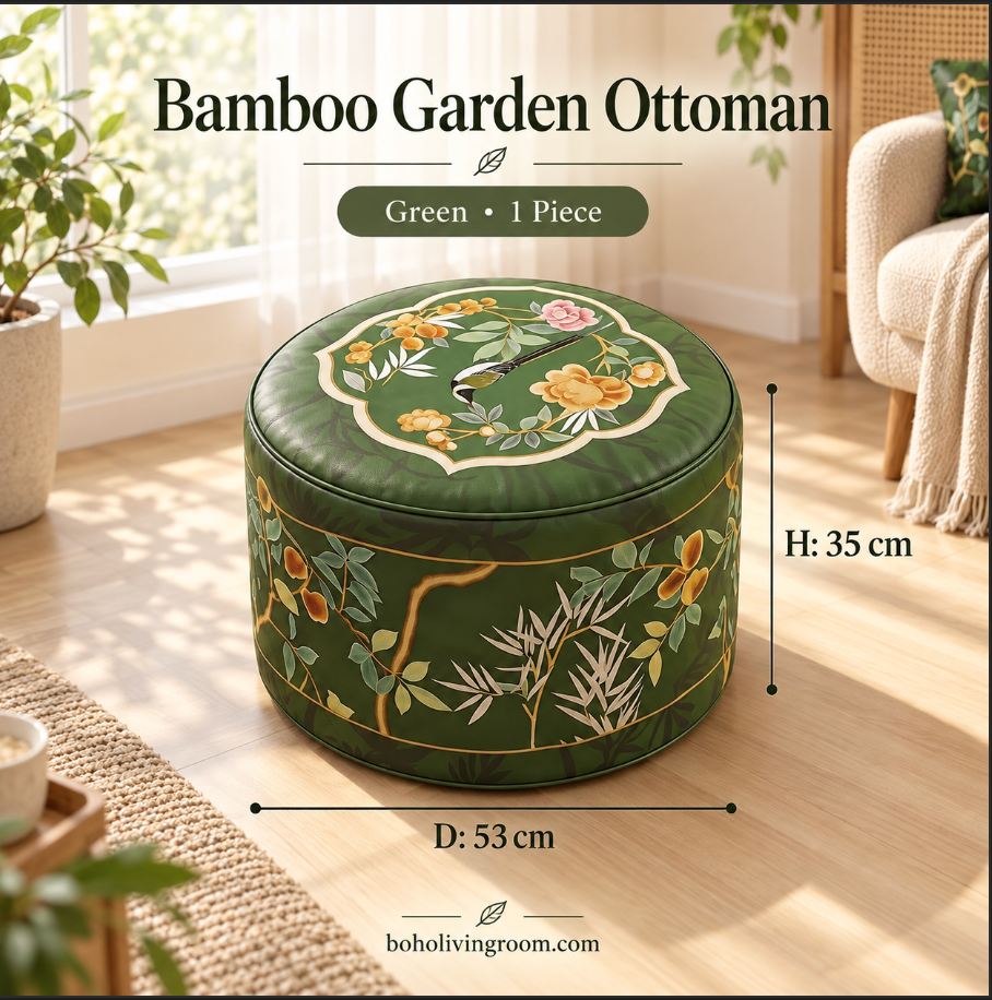 Faux Leather Pouf Ottoman with Green Bird Print