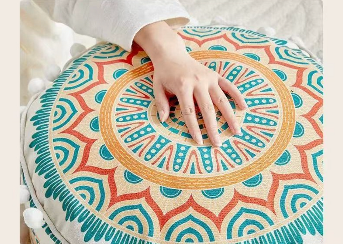 Pouffe Stool with Bohemian Geometric Print and Pom Pom Trim