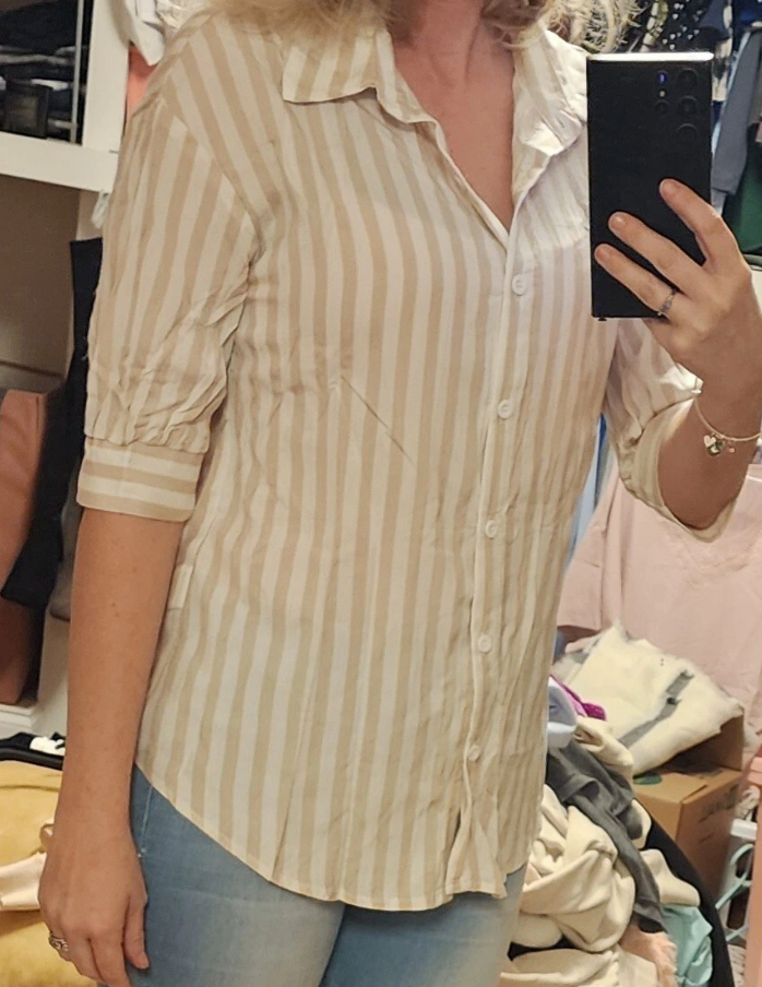button down striped short sleeve women's shirt