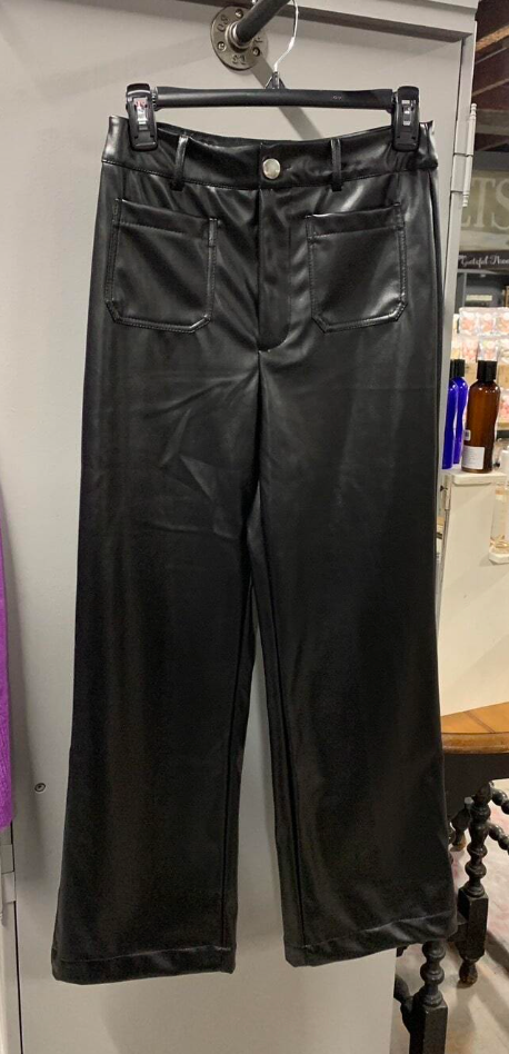 Women's Front Pocket Real Leather Pants Wide Leg