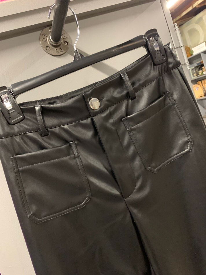 Women's Front Pocket Real Leather Pants Wide Leg