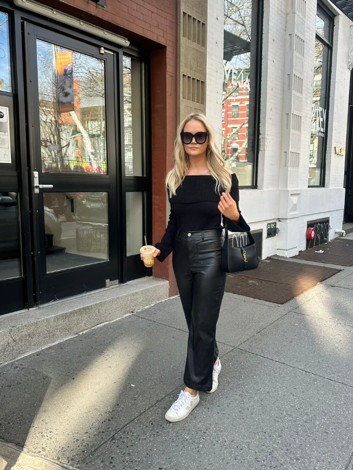 Women's Front Pocket Real Leather Pants Wide Leg