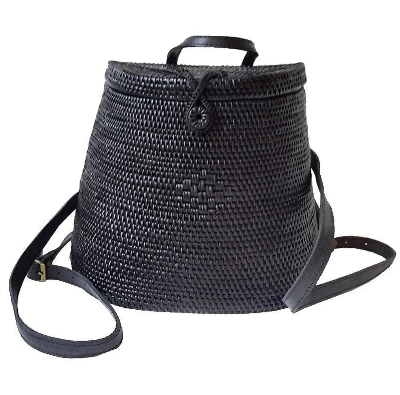 Black Wicker Rattan Bali Backpack With Button Flap