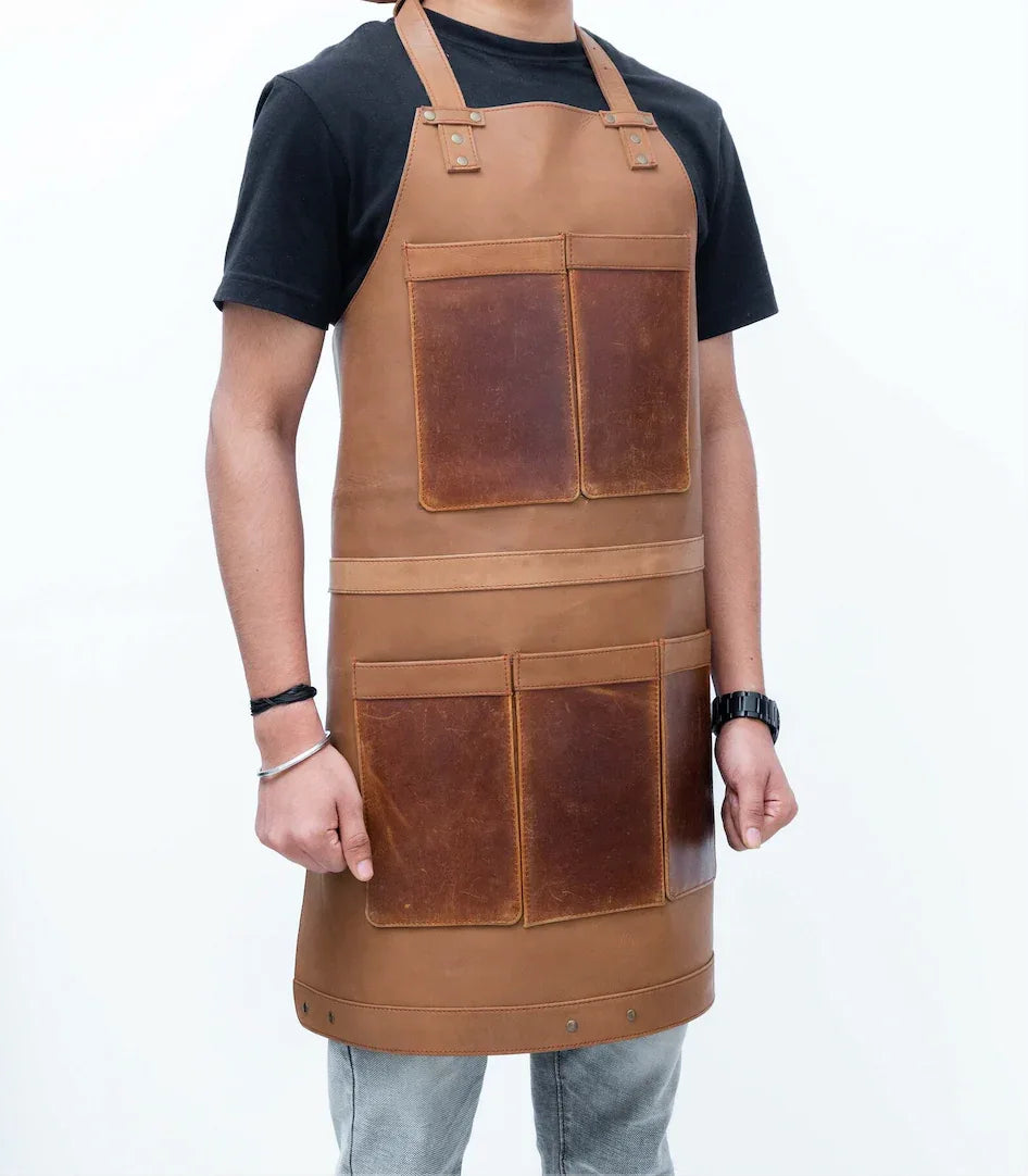 Leather Apron with Adjustable Straps and Pockets Tan