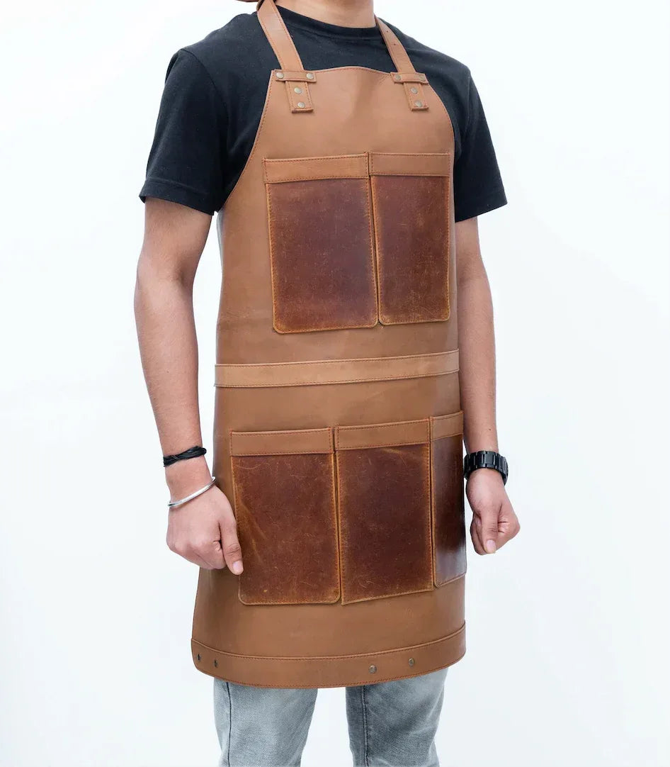 Leather Apron with Adjustable Straps and Pockets Tan