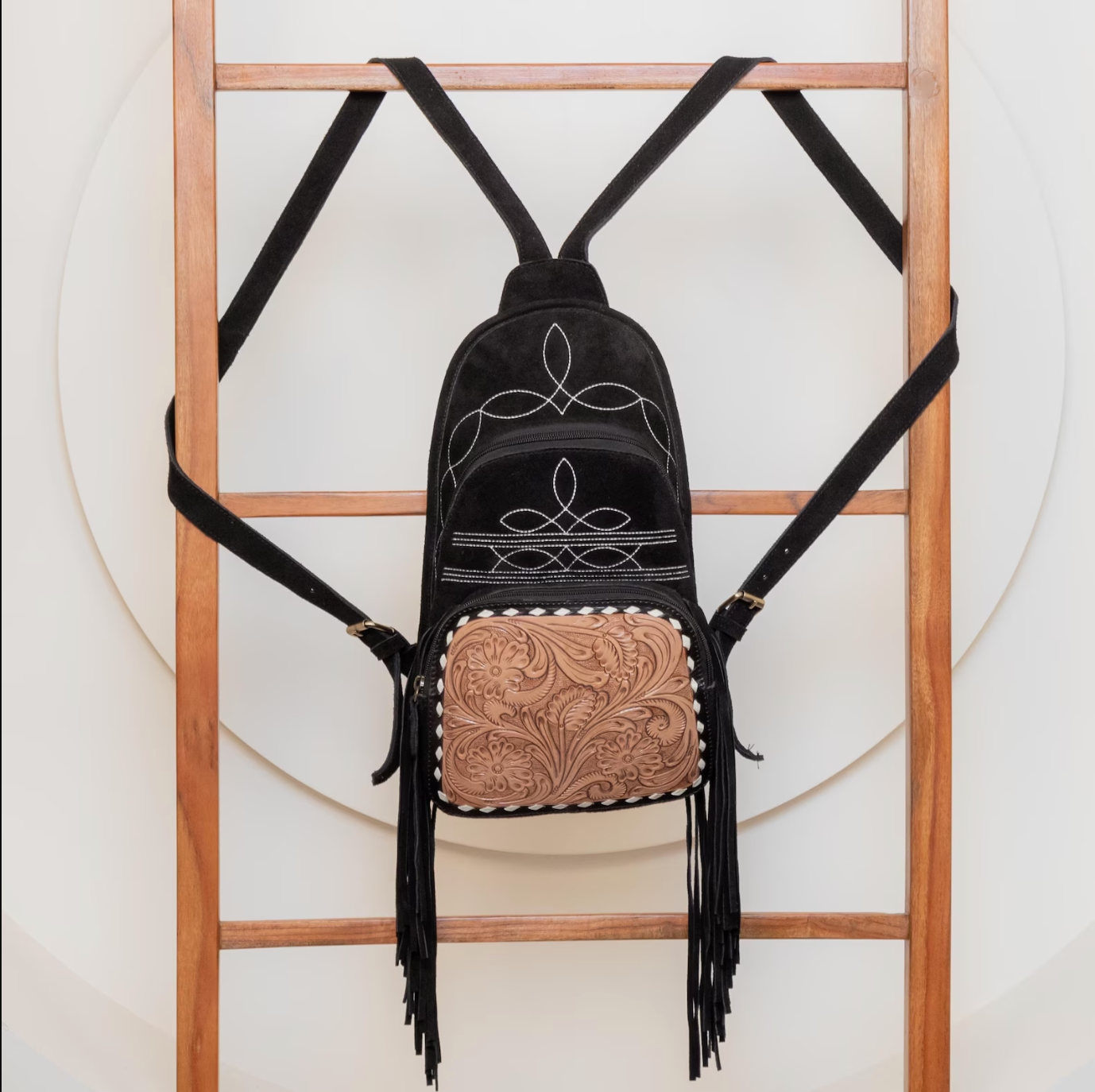 Tooled Leather Suede Backpack Bag