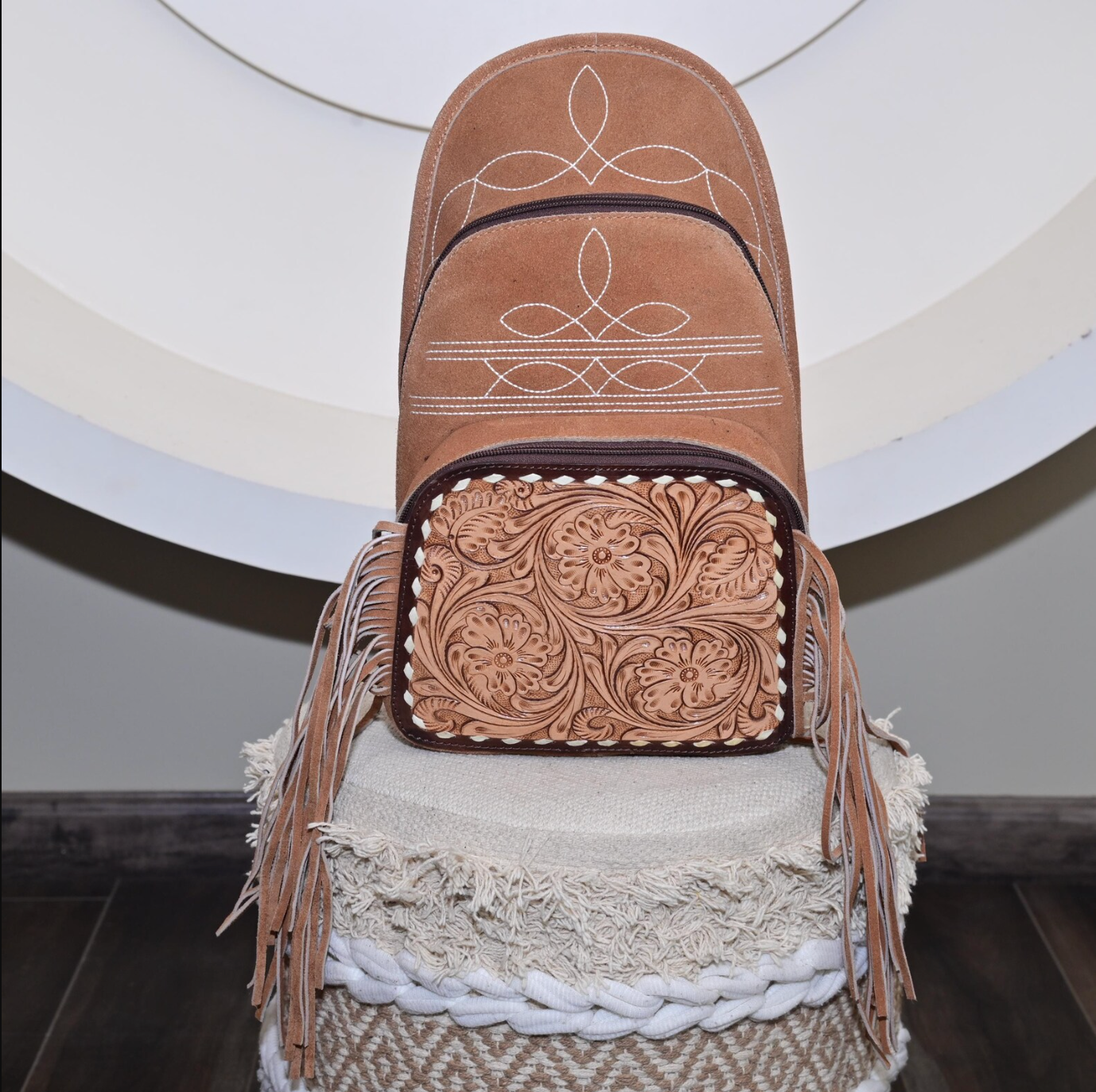 Tooled Leather Suede Backpack Bag