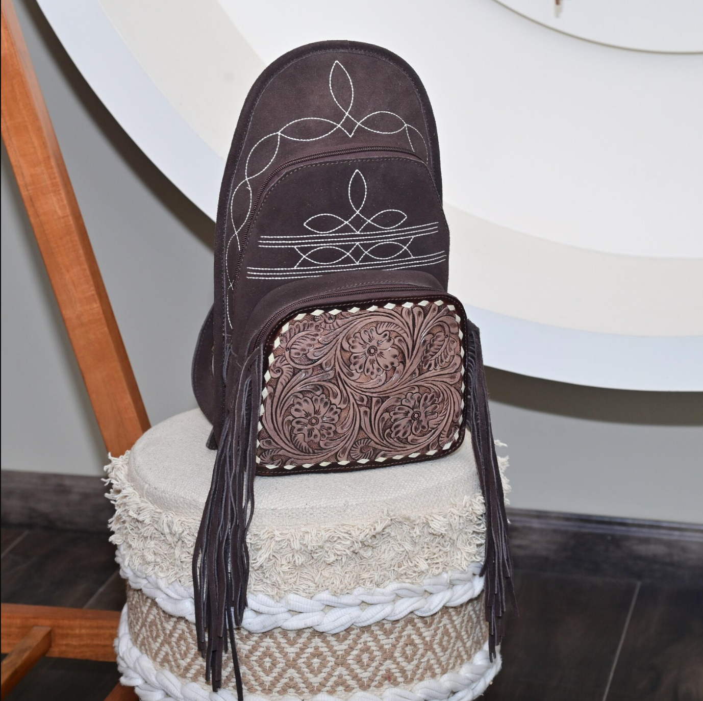 Tooled Leather Suede Backpack Bag