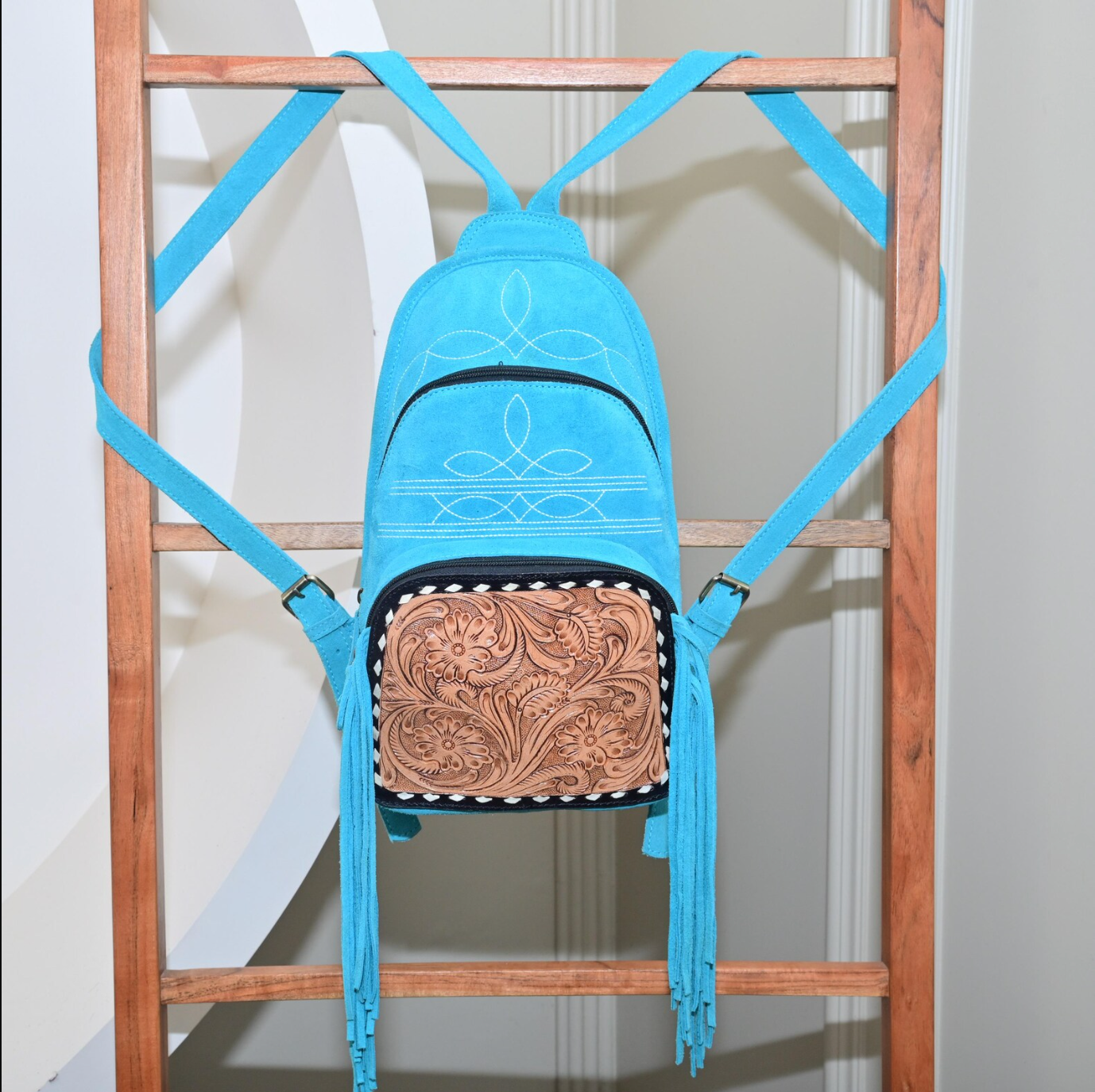 Tooled Leather Suede Backpack Bag