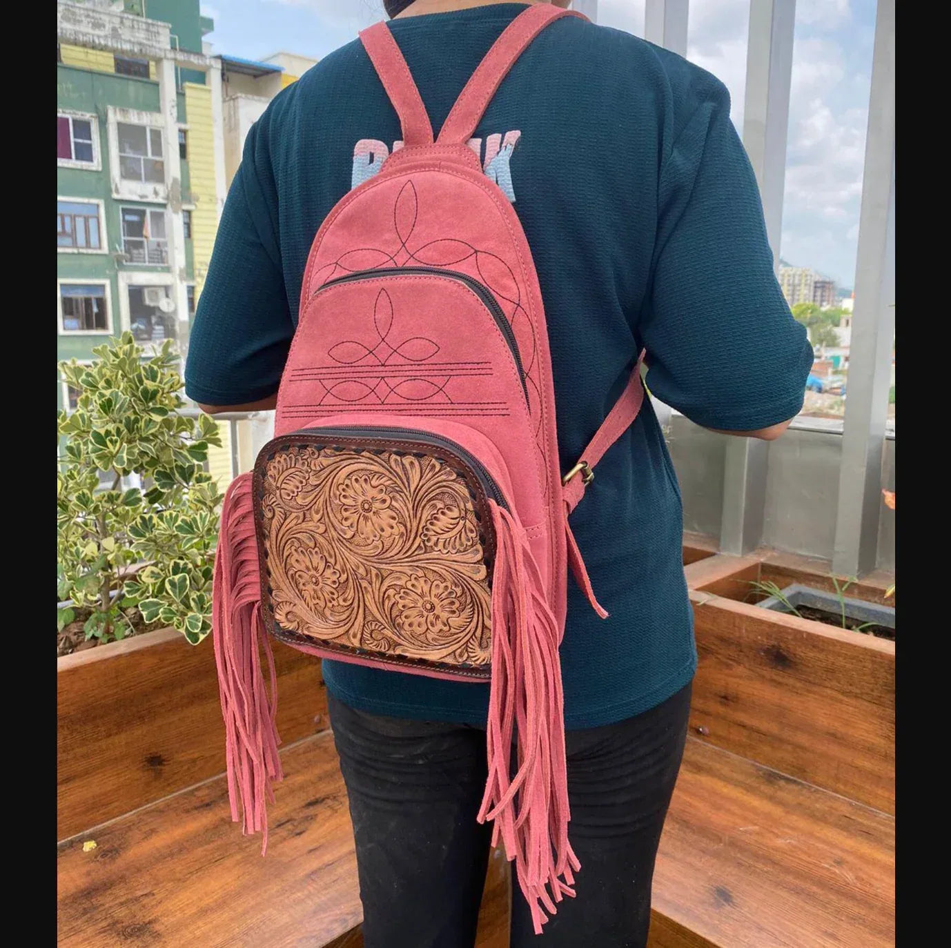 Tooled Leather Suede Backpack Bag