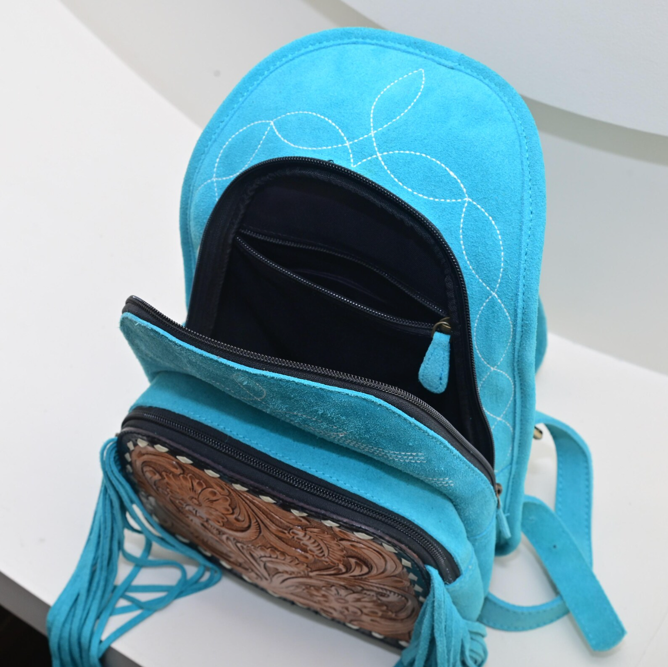 Tooled Leather Suede Backpack Bag