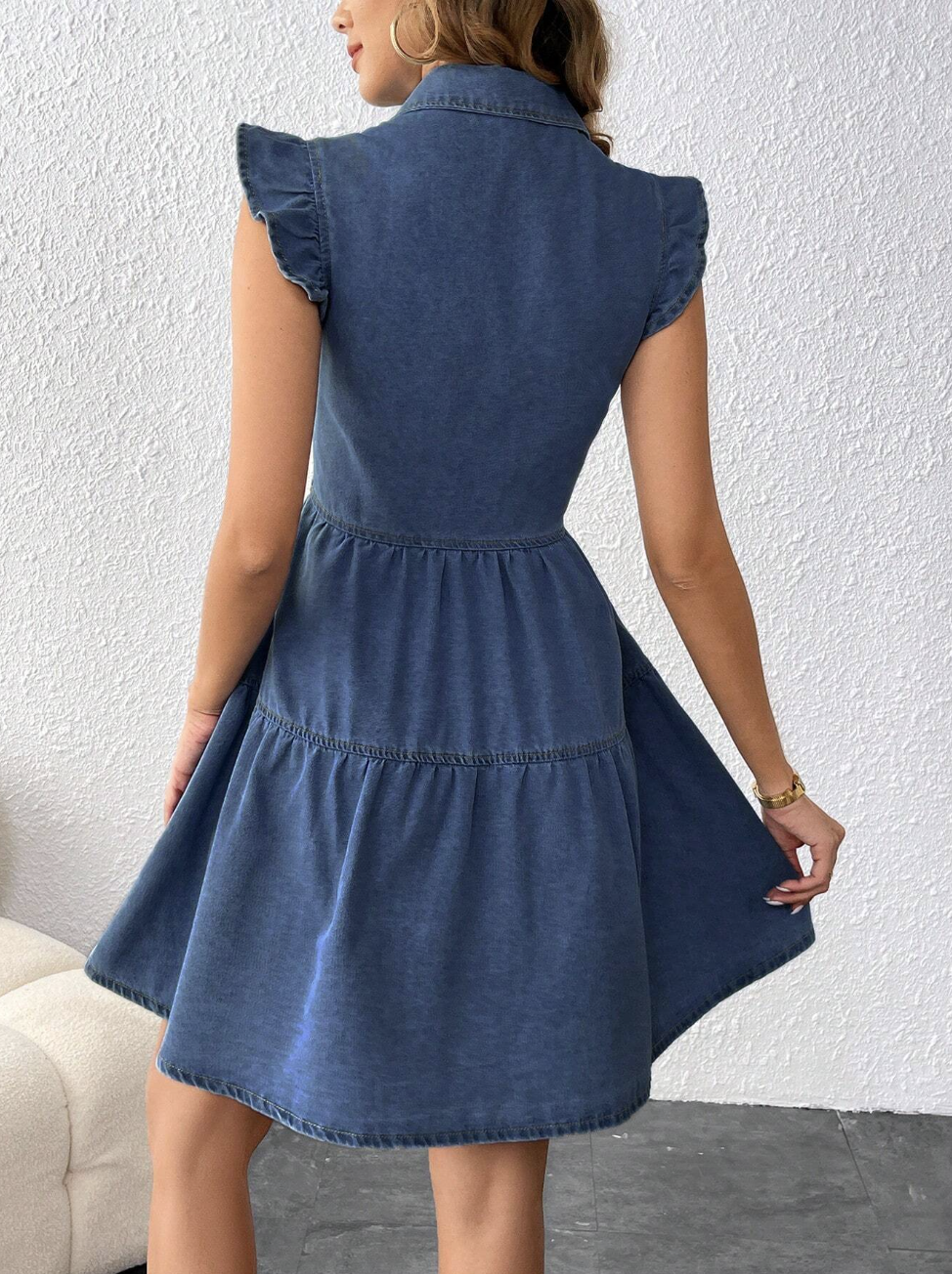above knee sleeveless denim dress outfit