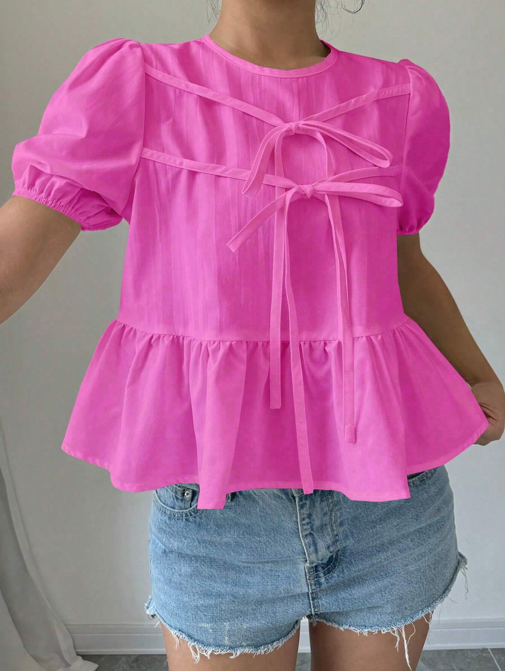 White Puff Sleeve Peplum Blouse with Bow Tie & Ruffle Hem