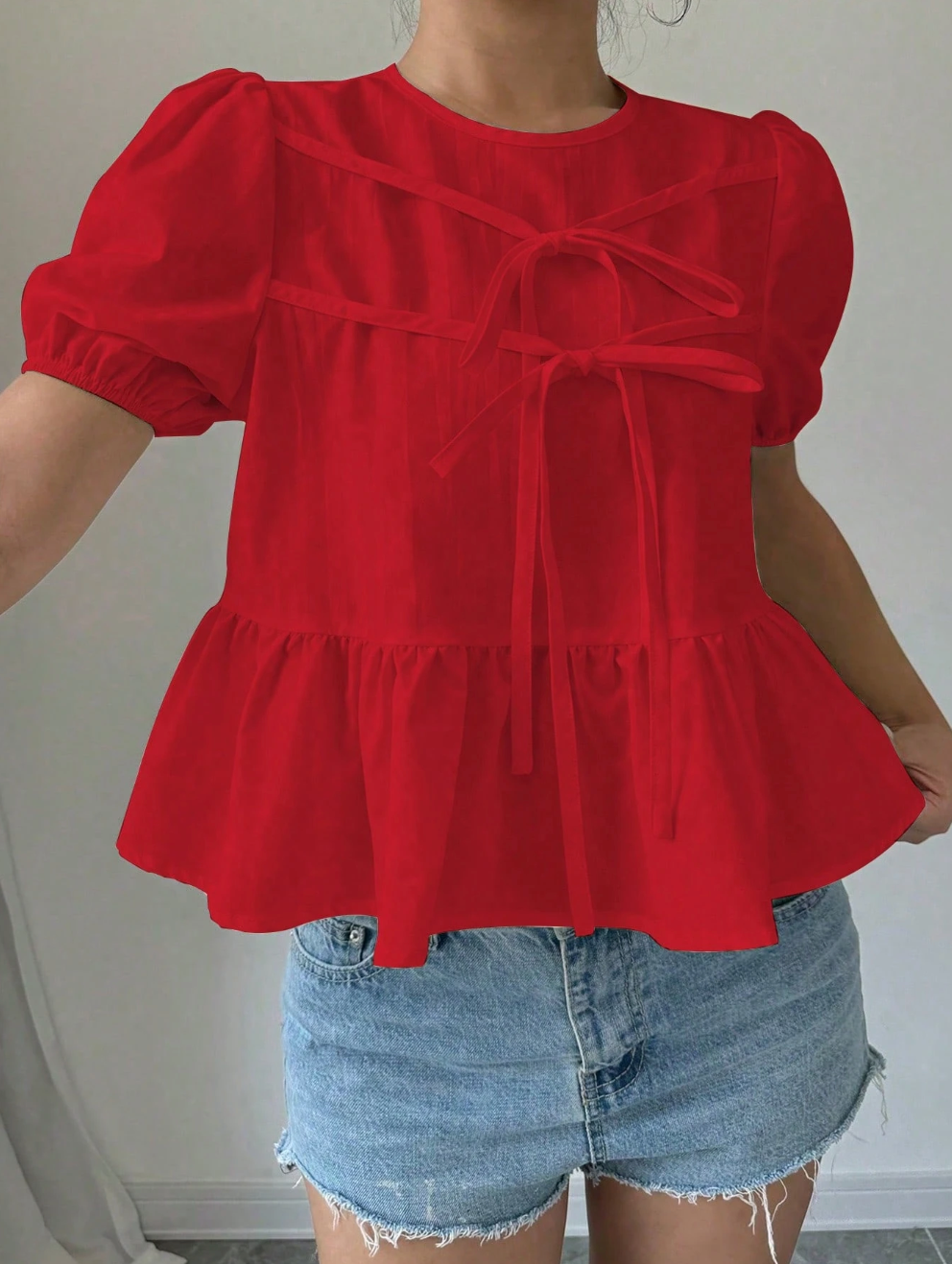 White Puff Sleeve Peplum Blouse with Bow Tie & Ruffle Hem