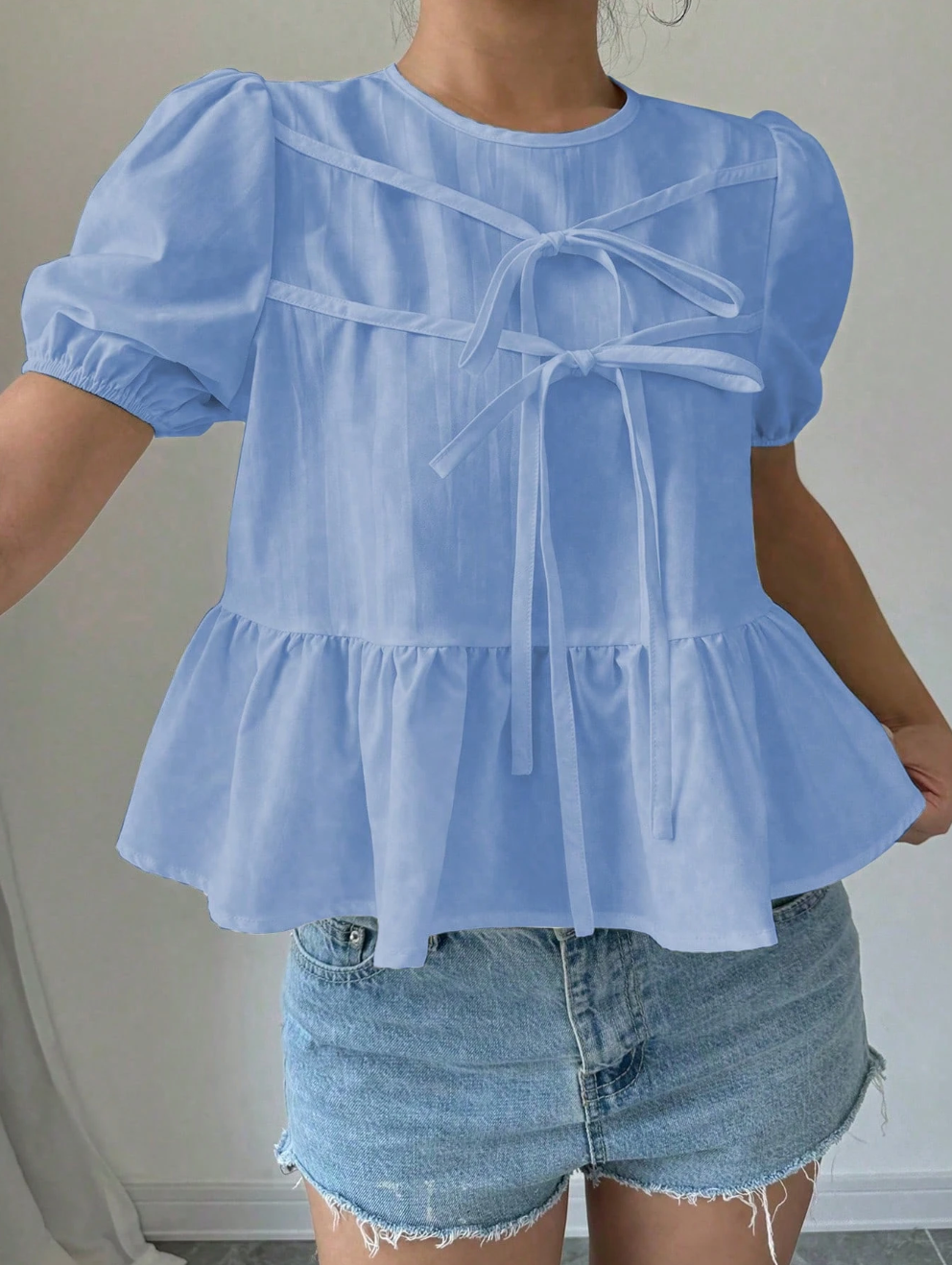 White Puff Sleeve Peplum Blouse with Bow Tie & Ruffle Hem