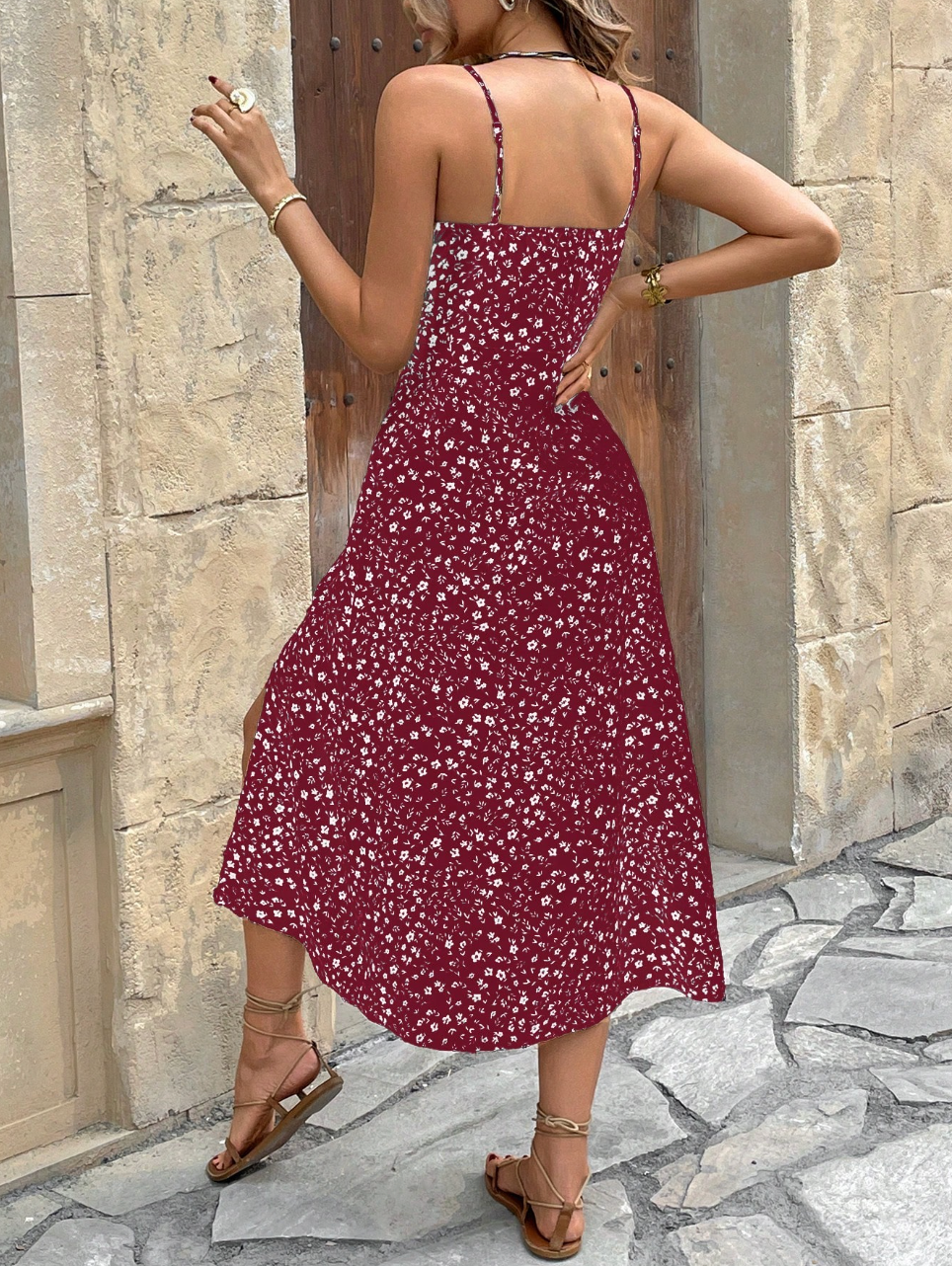 Women Floral Side Slit Hem Cami Dress