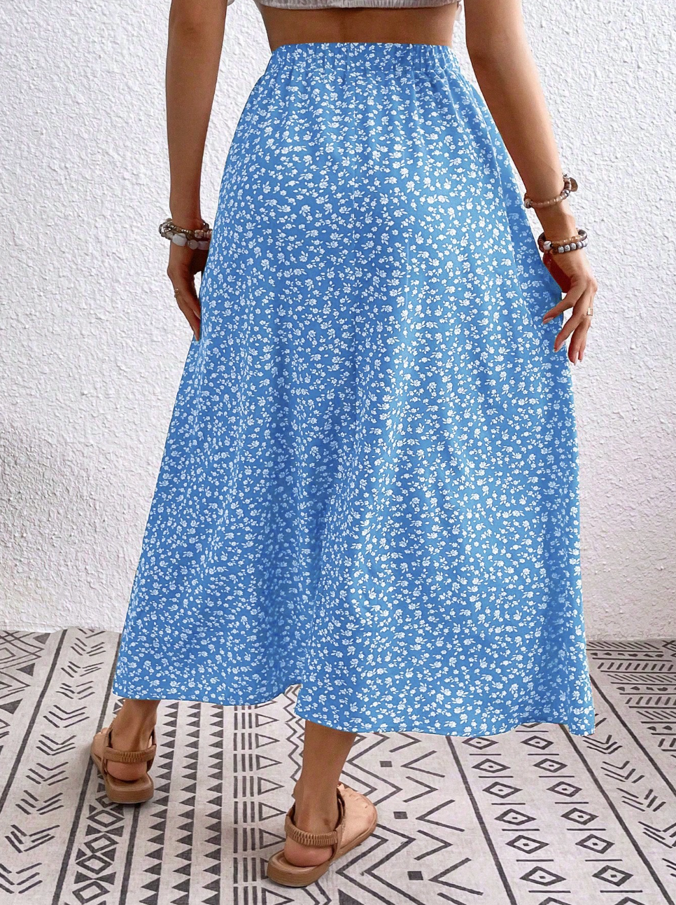 Ditsy Floral Print Elastic Waist Midi Skirt