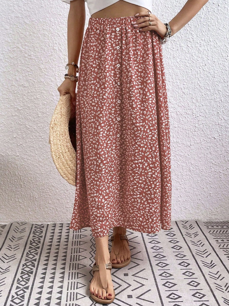 Ditsy Floral Print Elastic Waist Midi Skirt