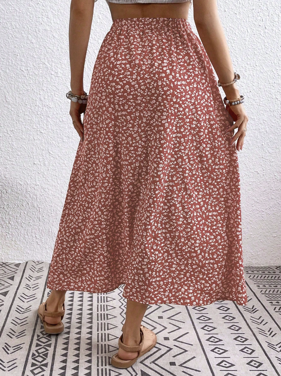 Ditsy Floral Print Elastic Waist Midi Skirt