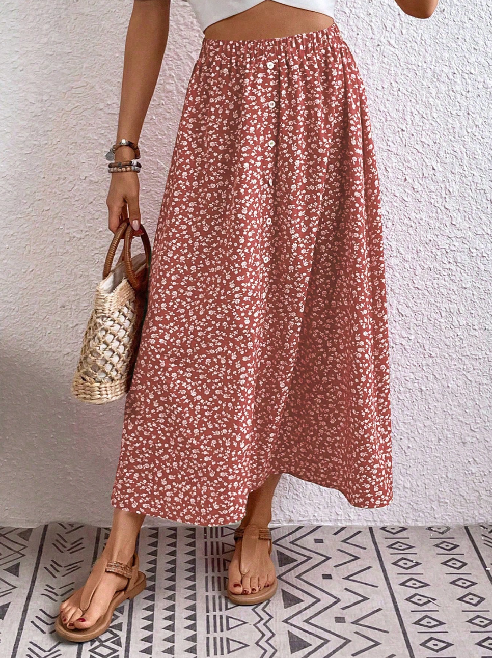 Ditsy Floral Print Elastic Waist Midi Skirt