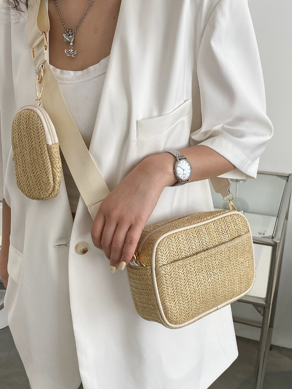 Straw Crossbody Bag With Purse Summer Beach