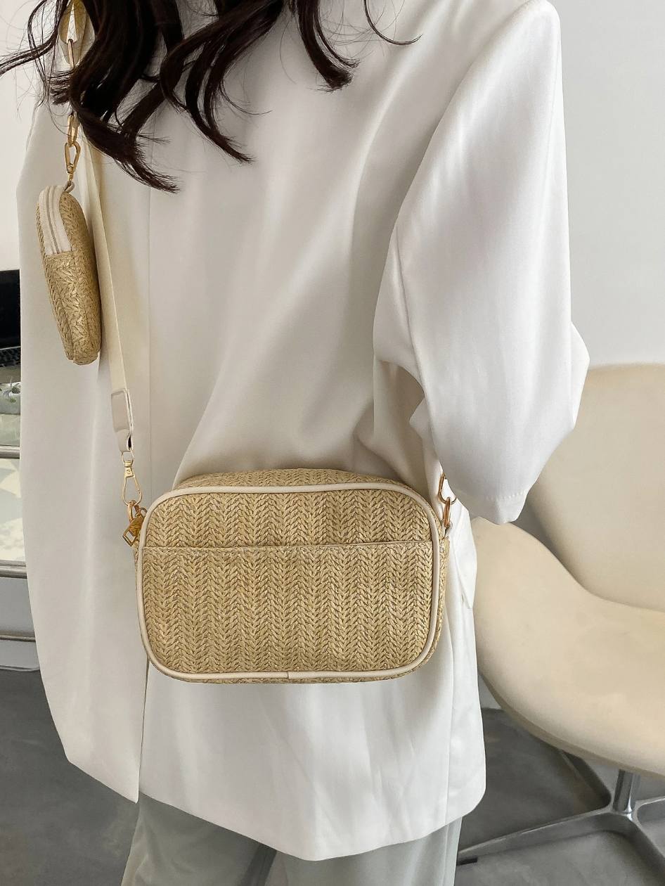Straw Crossbody Bag With Purse Summer Beach