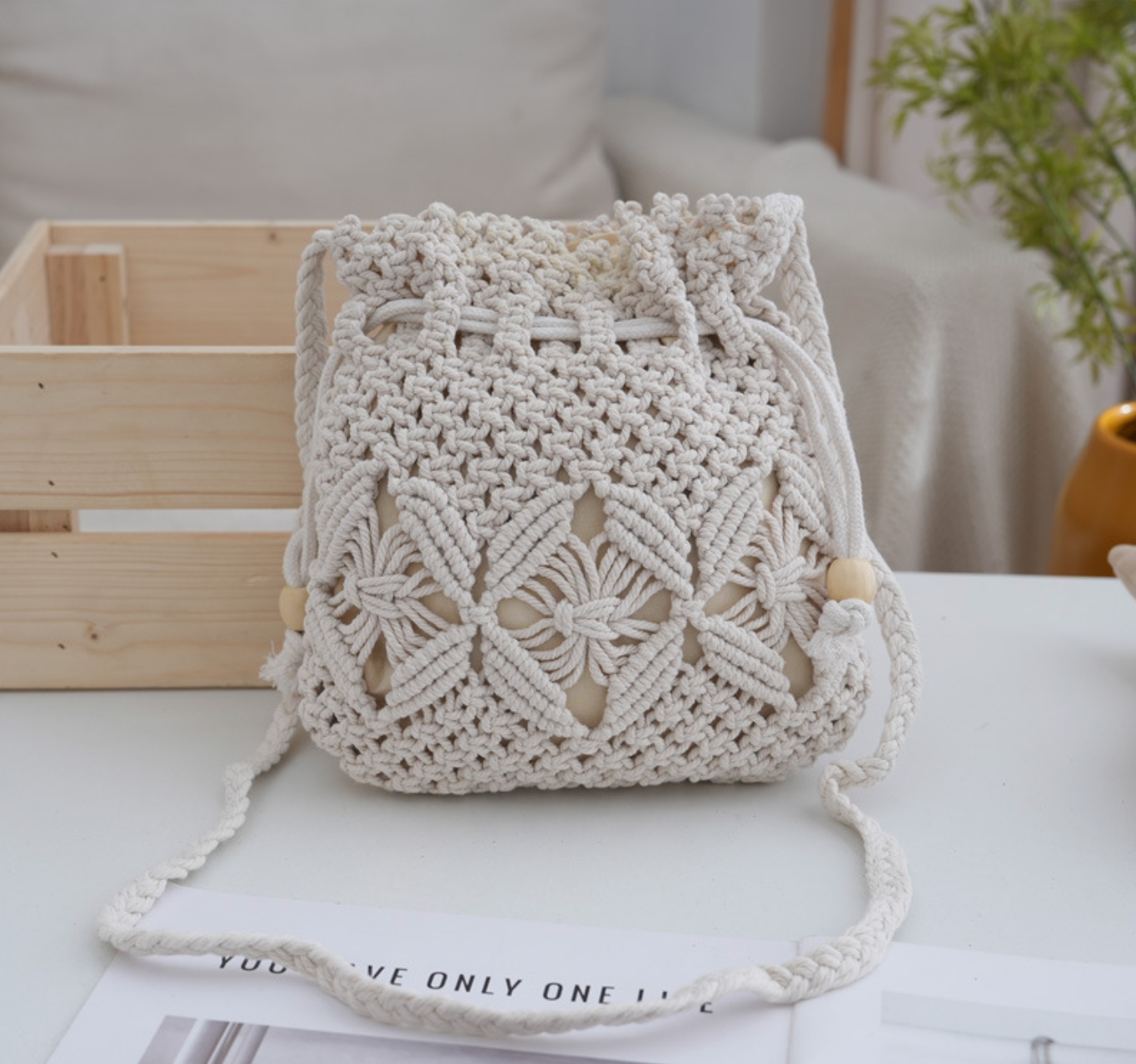Woven Bucket Bag with Drawstring