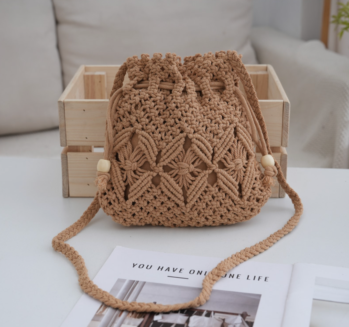 Woven Bucket Bag with Drawstring