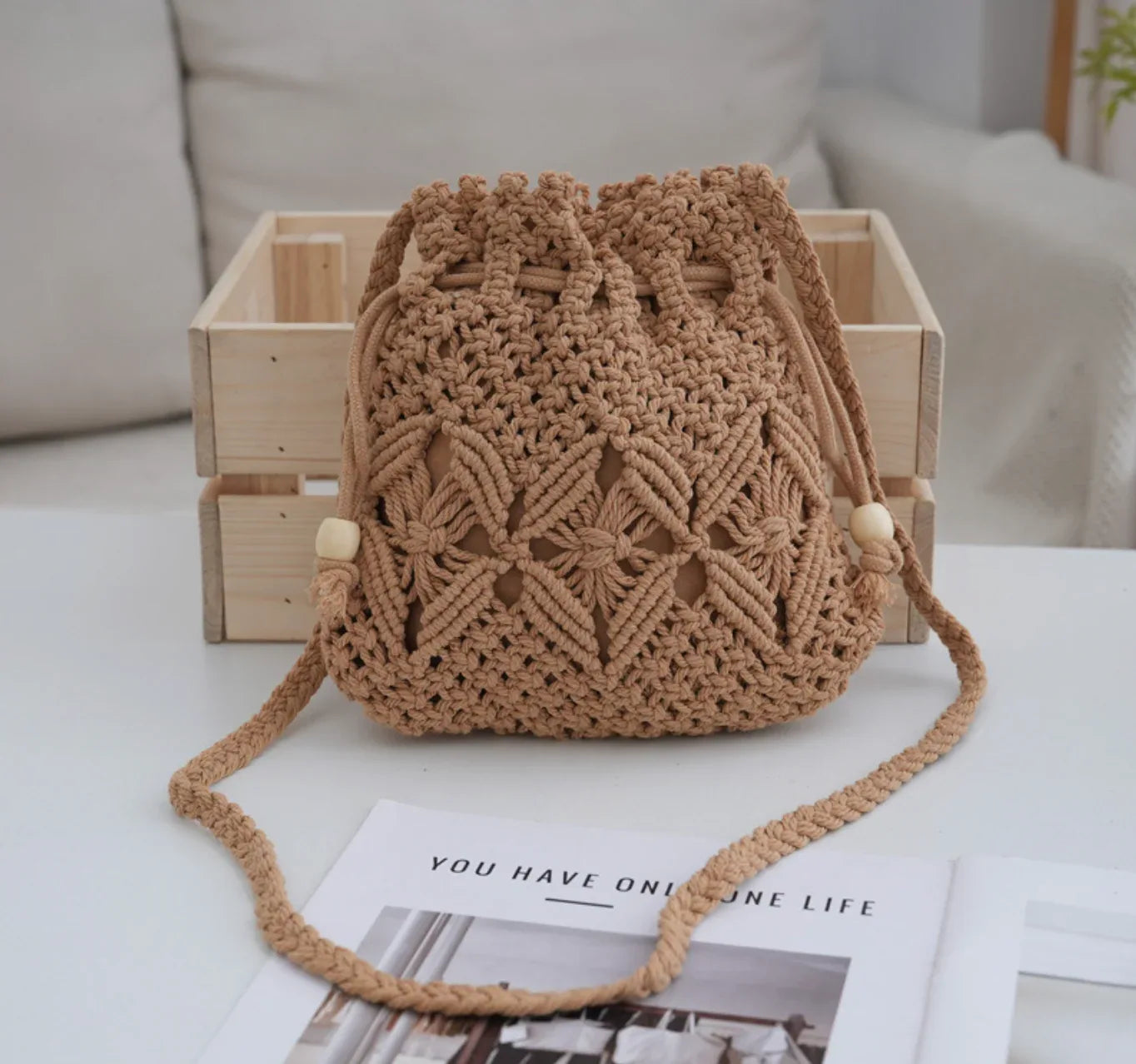 Woven Bucket Bag with Drawstring Khaki