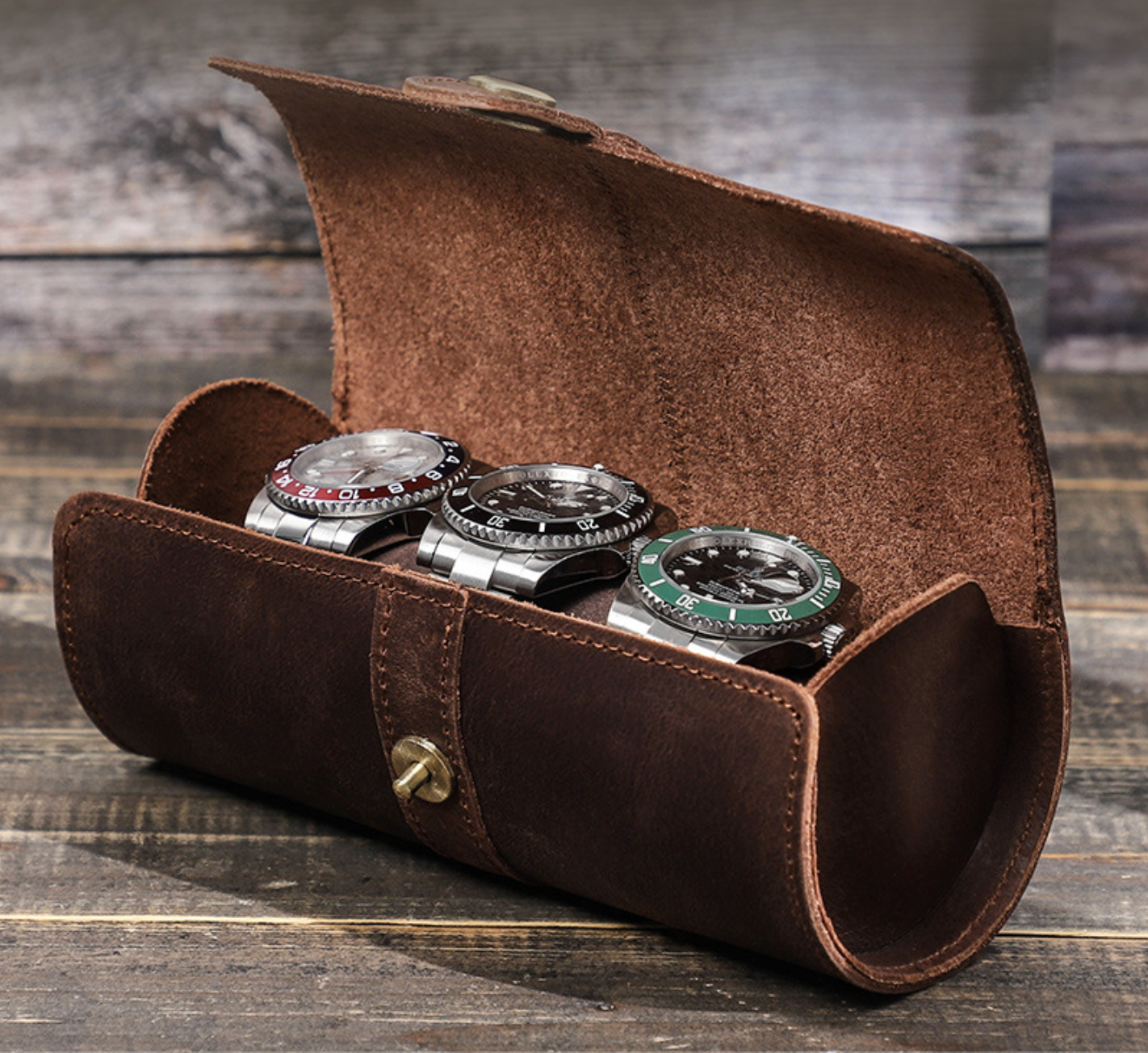 3 Slot Luxury Cylinder Leather Watch Organizer