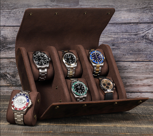 Brown Leather Watch Box 6 Slot Travel Case
