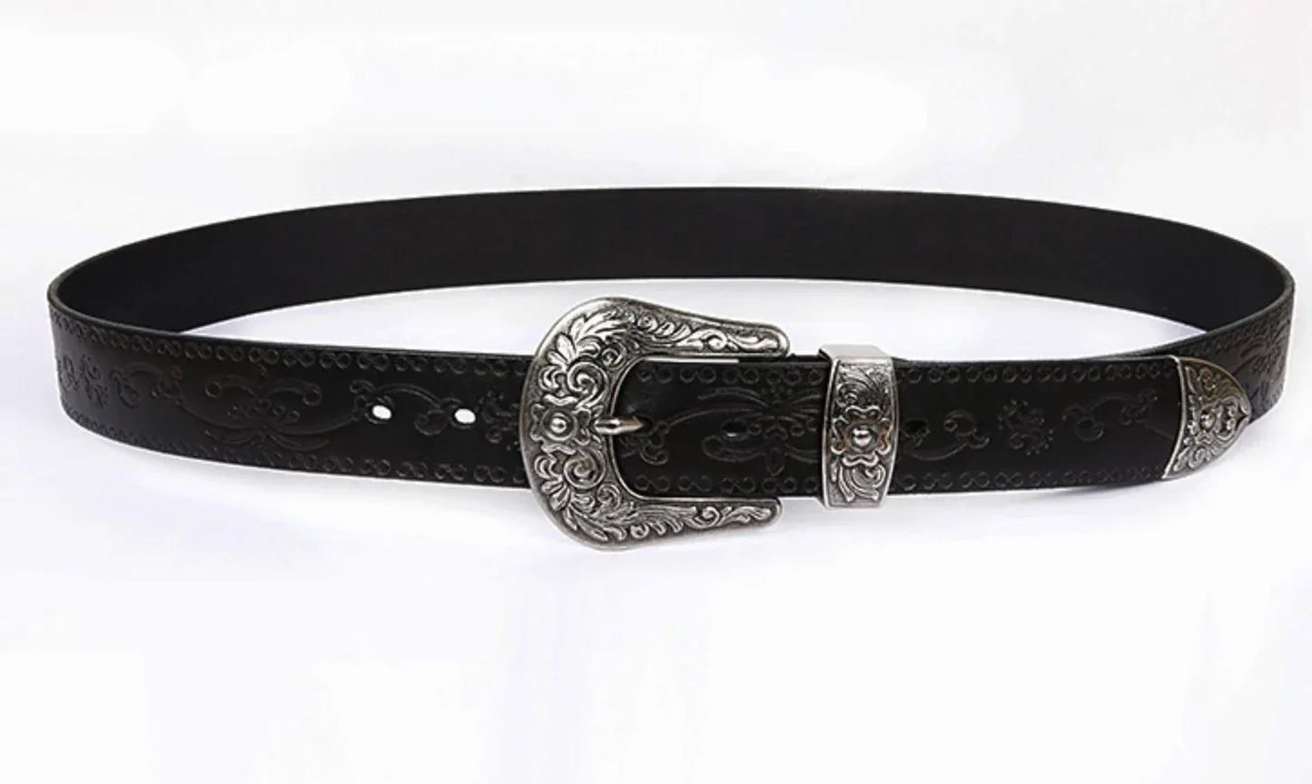 Embossed Genuine Leather Western Belt with Antique Buckle