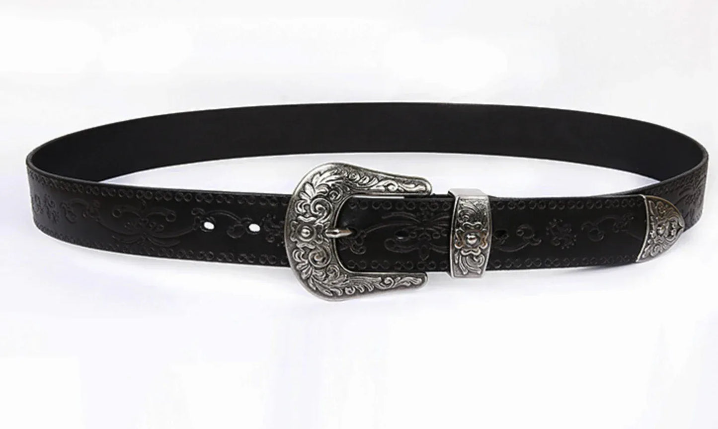 Embossed Genuine Leather Western Belt with Antique Buckle