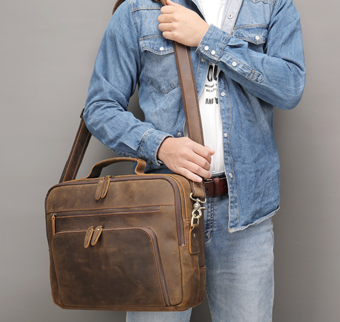 Brown Leather Briefcase Laptop Bag for Men