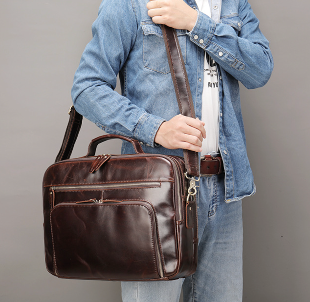 Brown Leather Briefcase Laptop Bag for Men