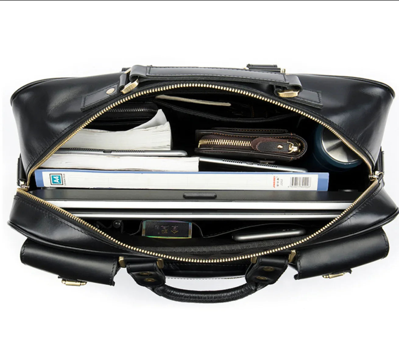 Genuine Leather Black Travel Messenger Bag for Men