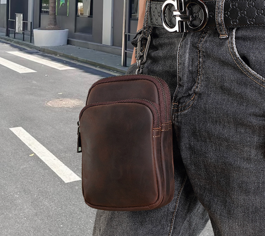 Men's Leather Phone Waist Bag Belt Pouch with Multi-Zip Design