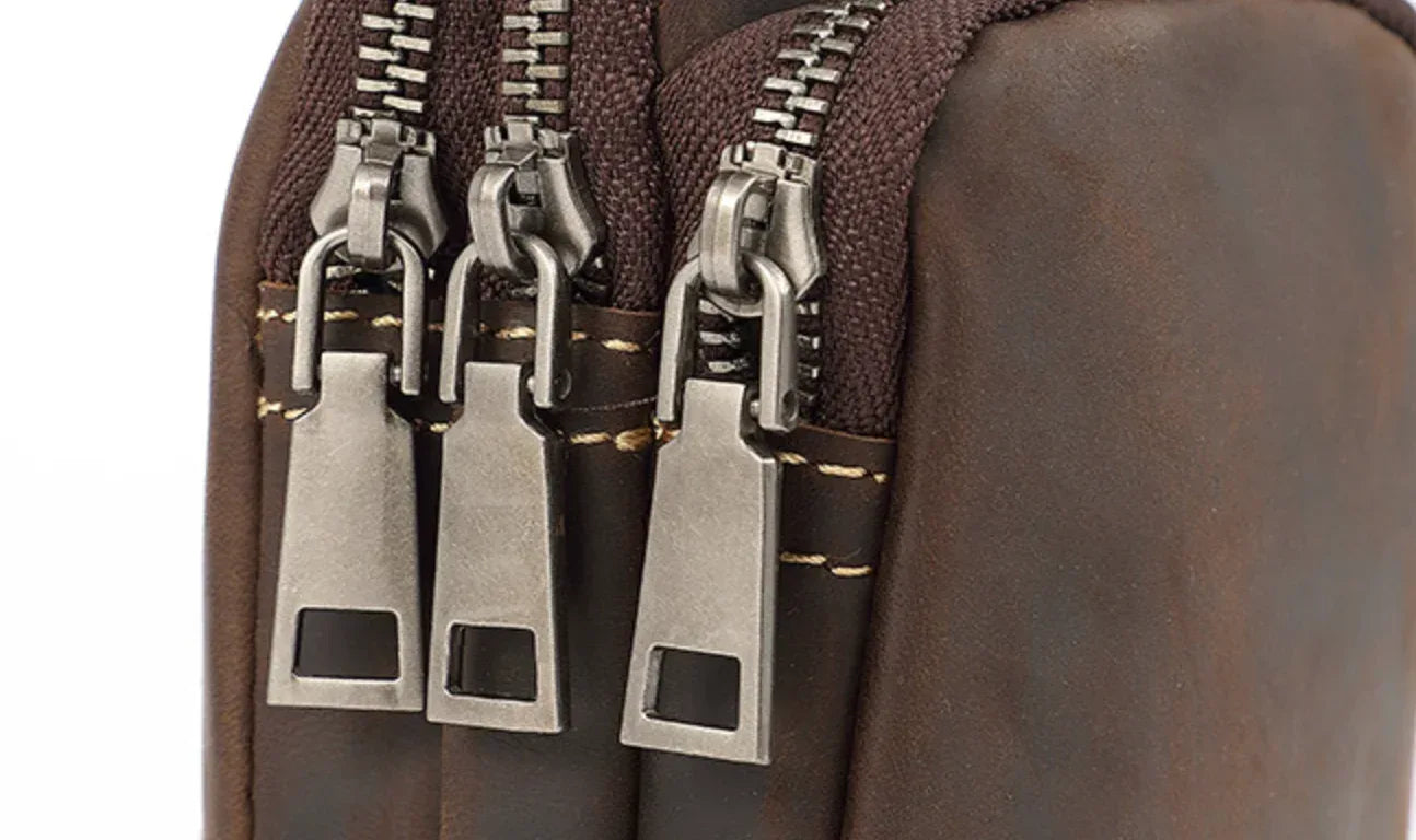Men's Leather Phone Waist Bag Belt Pouch with Multi-Zip Design