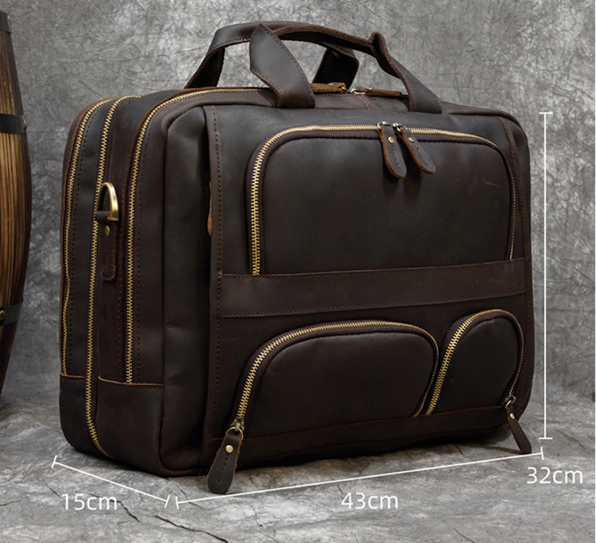 Genuine Leather Office Laptop Bag with Trolley Sleeve