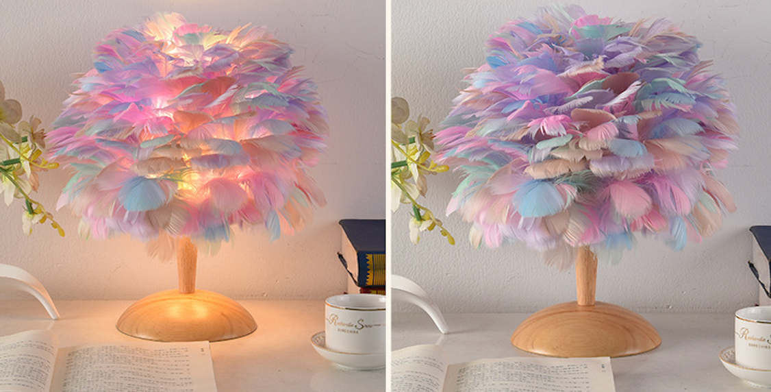Feather Table Lamp for Bedroom with Wooden Base