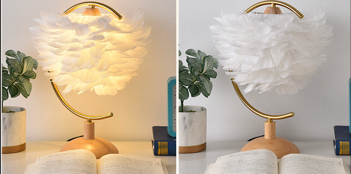 Feather Table Lamp for Bedroom with Wooden Base