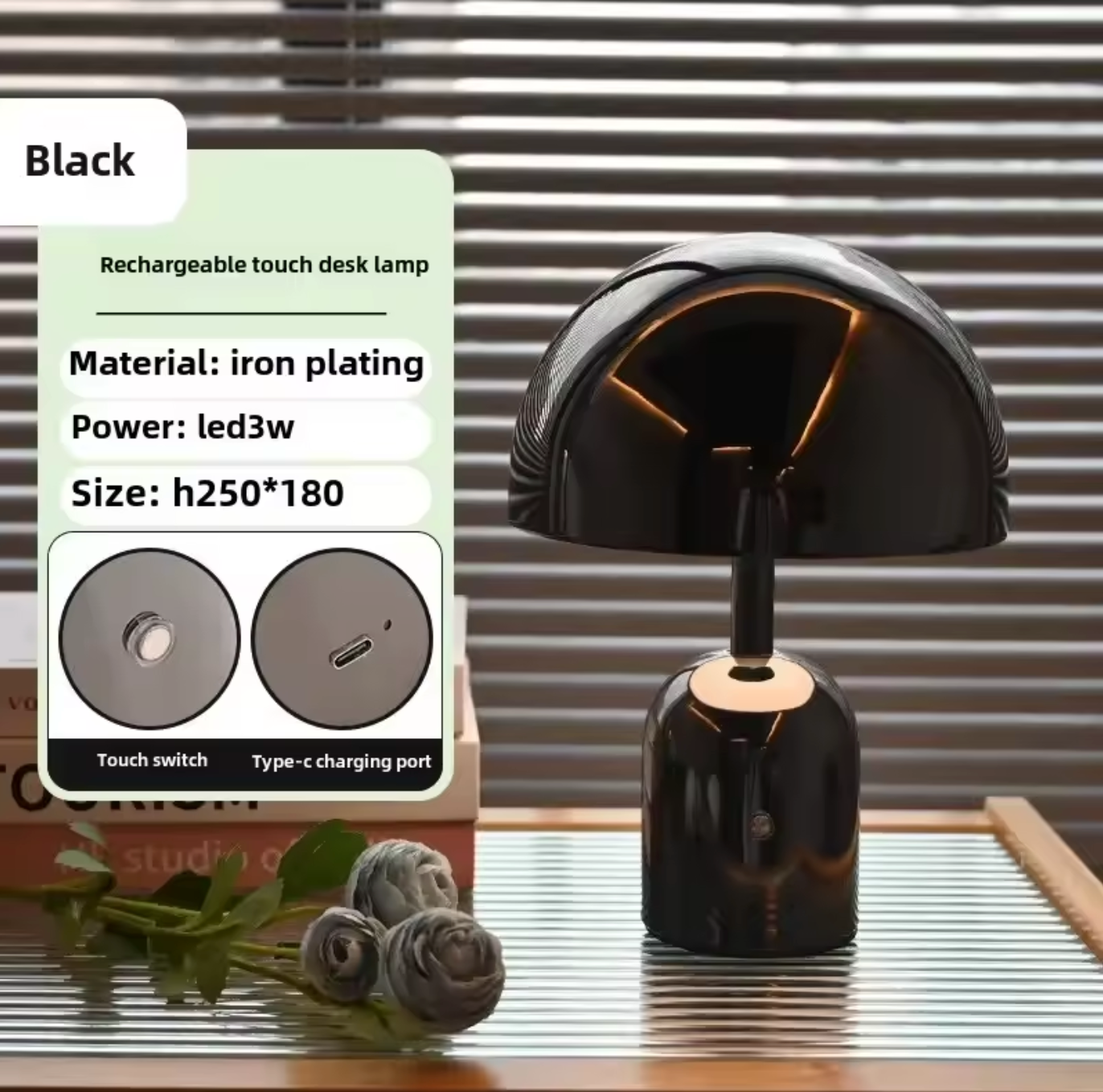 Rechargeable Chrome Mushroom Table Lamp For Bedroom & Desk