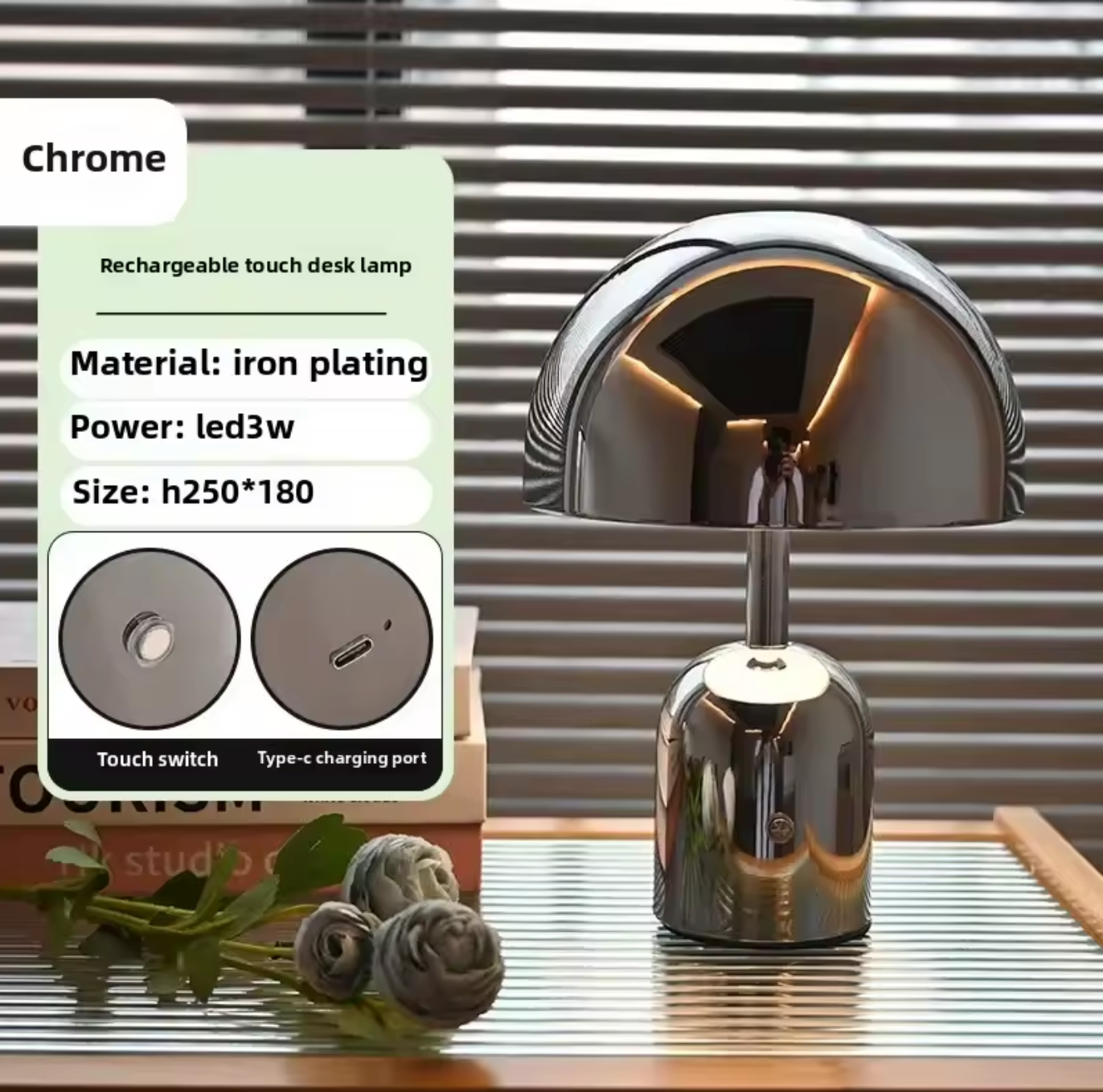 Rechargeable Chrome Mushroom Table Lamp For Bedroom & Desk