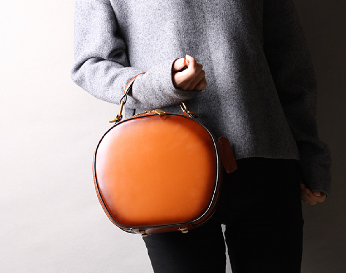 Brown Leather Messenger Bag Round Crossbody Office Purse