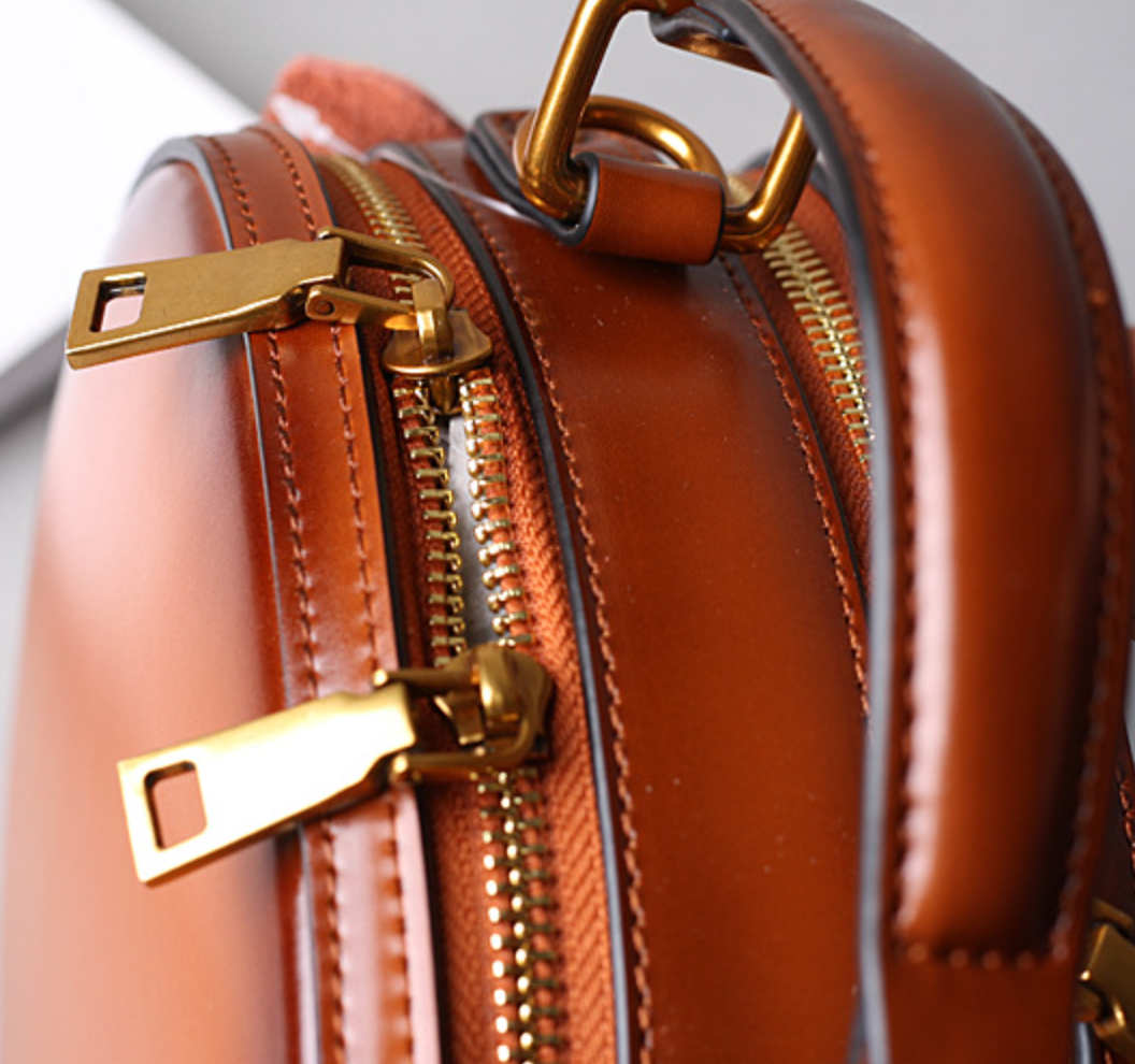 Brown Leather Messenger Bag Round Crossbody Office Purse