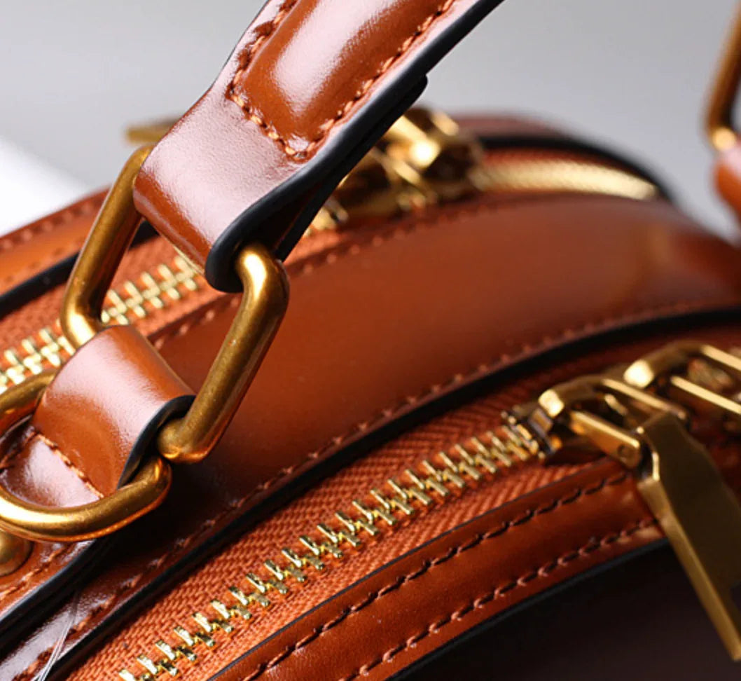 Brown Leather Messenger Bag Round Crossbody Office Purse