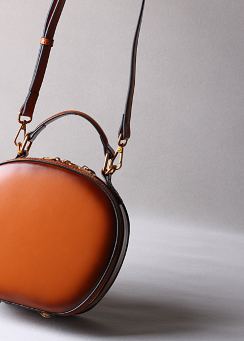 Brown Leather Messenger Bag Round Crossbody Office Purse