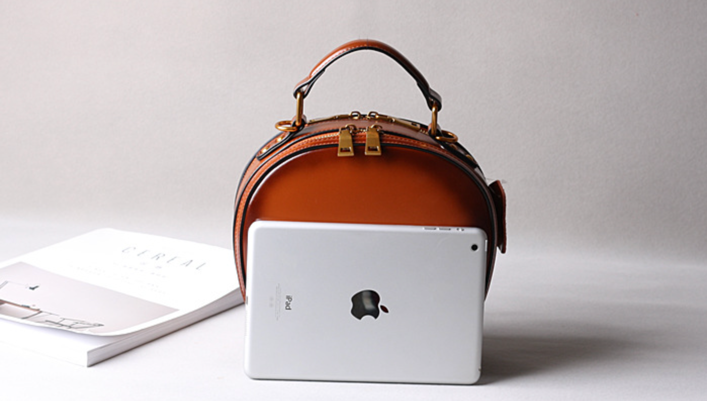 Brown Leather Messenger Bag Round Crossbody Office Purse