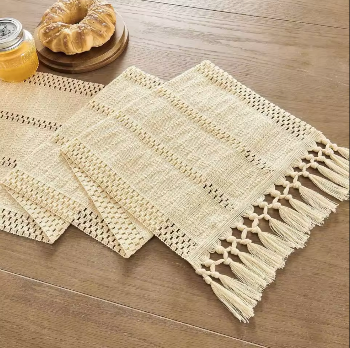 Cotton Linen Table Runner with Tassel Ends